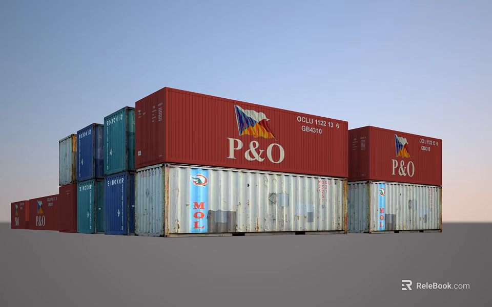 Colorful Stacked Container Building With P&O Logo And South East Asia Sign 3d model 