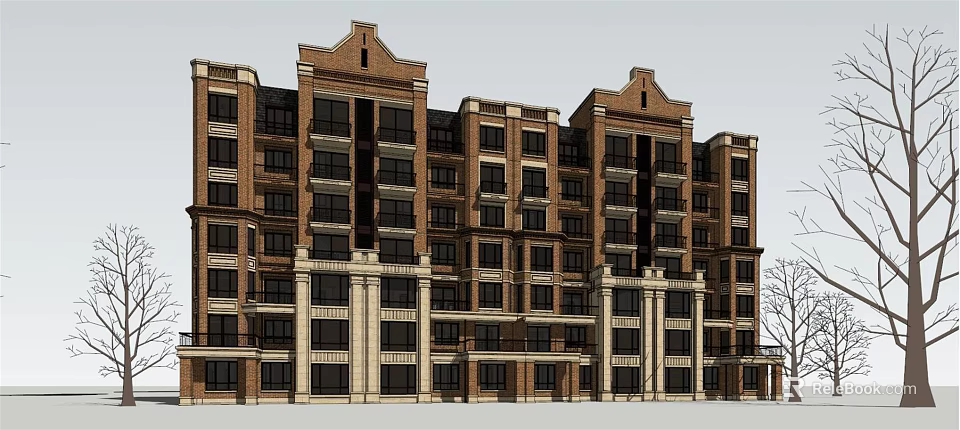 Red Brick Multi Story Building Facade With Decorative Tops And Windows 3d model