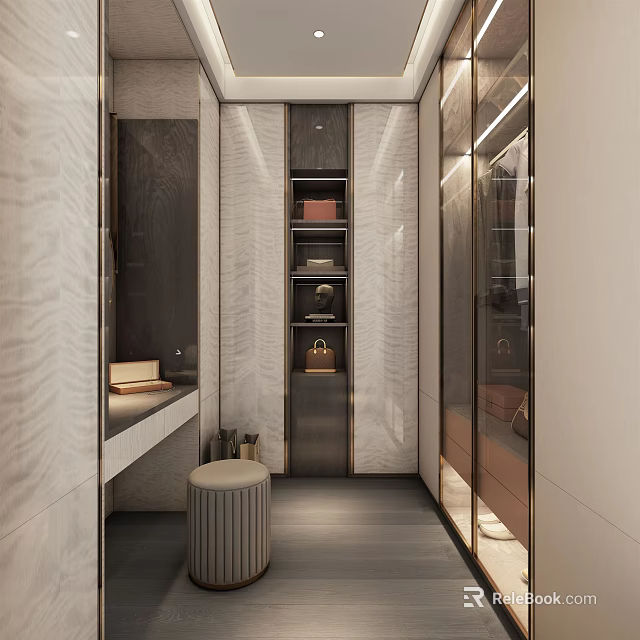 Elegant Modern Walk-in Closet Interior With Glass Doors And Storage Cabinets 3d model 
