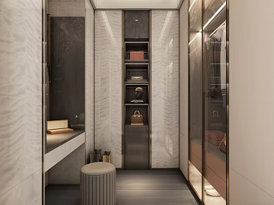 Elegant Modern Walk-in Closet Interior With Glass Doors And Storage Cabinets 3d model