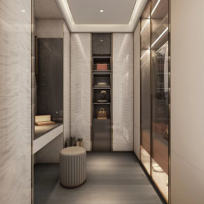 Elegant Modern Walk-in Closet Interior With Glass Doors And Storage Cabinets 3d model