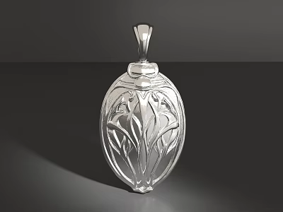 Elegant Silver Oval Pendant With Intricate Leaf Engraved Design Jewelry 3d model