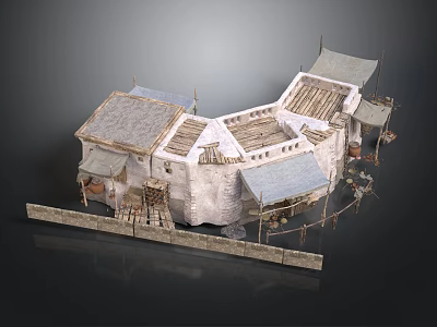 Ancient Village Architectural Model With Stone Walls Wooden Roofs And Connected Structures 3d model