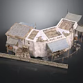 Ancient Village Architectural Model With Stone Walls Wooden Roofs And Connected Structures