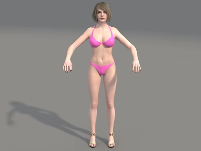 A Woman In Pink Bikini With Short Hair Standing In Gray Background Wearing High Heels 3d model