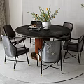 Modern Round Dining Table Set with Gray Dark Brown Chairs Wooden Metal Legs Vase Flowers