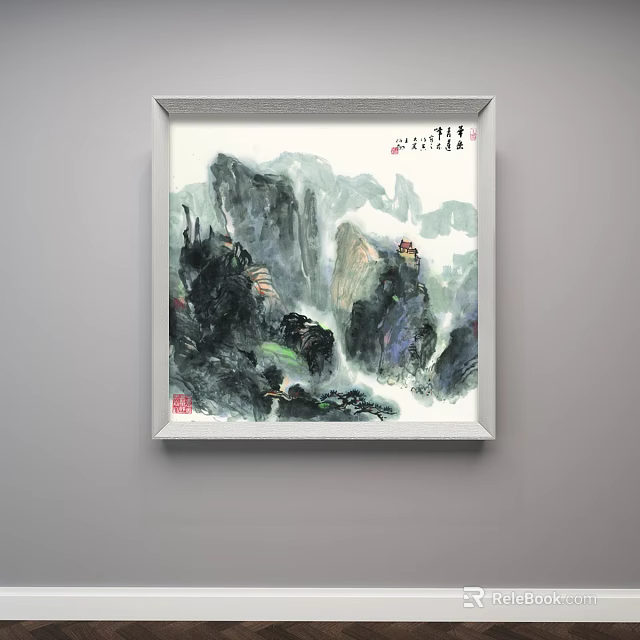 Traditional Chinese Landscape Painting With Misty Mountains And Pavilion In White Frame 3d model 