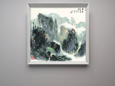 Traditional Chinese Landscape Painting With Misty Mountains And Pavilion In White Frame 3d model