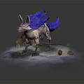 Mystical Fox Like Creature With Blue Flame Fur On Ground With Stones And Plants
