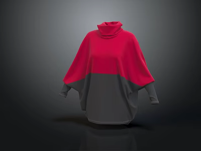 Stylish Red And Gray Turtleneck Poncho With Loose Sleeves And Knit Fabric 3d model