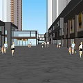 Vibrant Commercial Street With Tall Buildings Shops Umbrellas And Pedestrians In Plaza