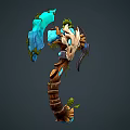 Detailed 3D Fantasy Axe Model With Frog Blue Blade And Bone Decorations