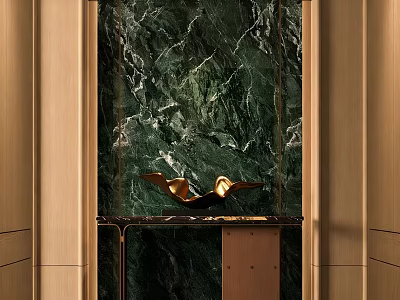 Luxurious Entryway Interior With Green Marble Wall Wooden Frames And Golden Sculpture 3d model