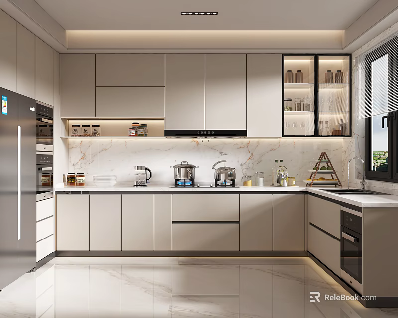 Modern Kitchen Interior With White Cabinets Marble Countertop And Stainless Steel Appliances 3d model 