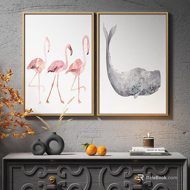 Gold Framed Abstract Paintings With Pink Flamingos Gray Whale Vases Oranges And Golden Branches 3d model 