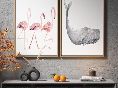 Gold Framed Abstract Paintings With Pink Flamingos Gray Whale Vases Oranges And Golden Branches 3d model