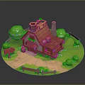 Whimsical Cartoon Cottage With Red Roof Chimney Barrels Green Shrubs And Wooden Fence