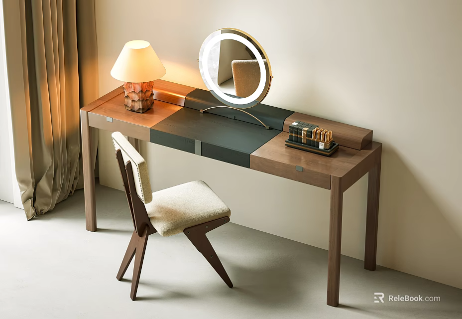 Elegant Modern Dressing Table With Round Mirror Table Lamp And Wooden Chair 3d model 