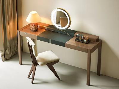 Elegant Modern Dressing Table With Round Mirror Table Lamp And Wooden Chair 3d model