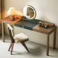Elegant Modern Dressing Table With Round Mirror Table Lamp And Wooden Chair