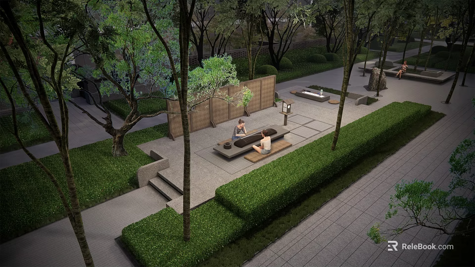 Tranquil Residential Landscape With Lush Trees Green Lawns Benches And Walkways 3d model 