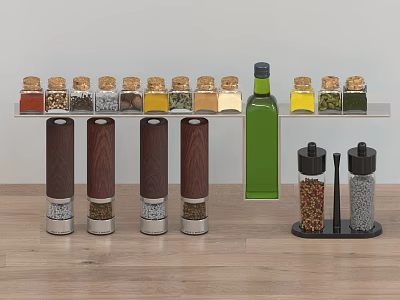 Spice Jars With Wooden Grinders And Olive Oil Bottle On Kitchen Countertop Storage Rack 3d model