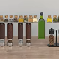 Spice Jars With Wooden Grinders And Olive Oil Bottle On Kitchen Countertop Storage Rack