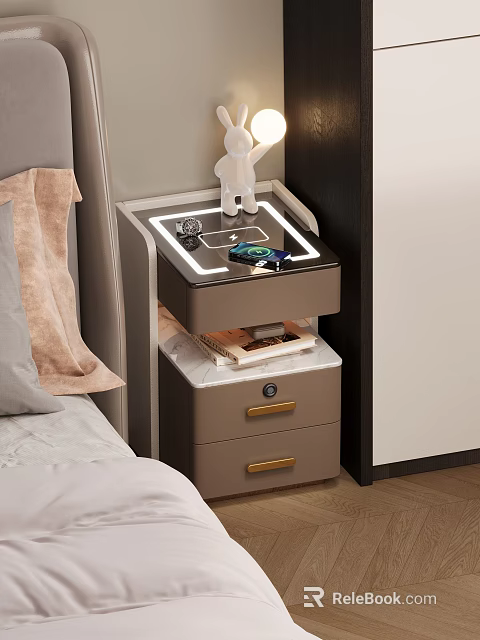 Modern Bedroom Side Table With Lamp Tray And Storage Drawers Beside Bed 3d model 