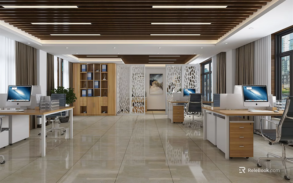 Modern Office Interior Design With Workstations Computers Bookshelves And Bright Lighting 3d model