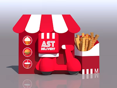 AST DELIVERY Red And White Striped Kiosk With Red Scooter Fries And Fast Food Icons 3d model