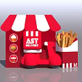 AST DELIVERY Red And White Striped Kiosk With Red Scooter Fries And Fast Food Icons