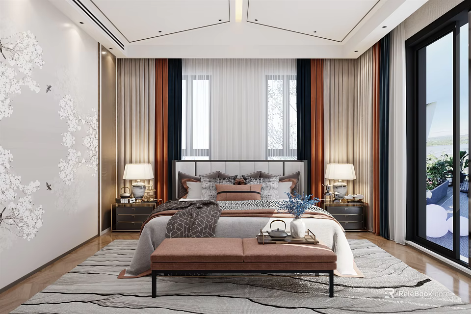 Modern Bedroom Interior With Bed Nightstands Table Lamps Curtains And Decorative Rug 3d model 