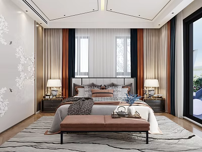 Modern Bedroom Interior With Bed Nightstands Table Lamps Curtains And Decorative Rug 3d model