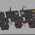 Display of Various Kitchen Sinks with Faucets Drain Boards and Fresh Fruits