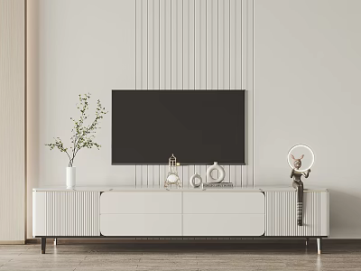 Modern White TV Stand Interior With TV Decorative Items And Striped Wall 3d model