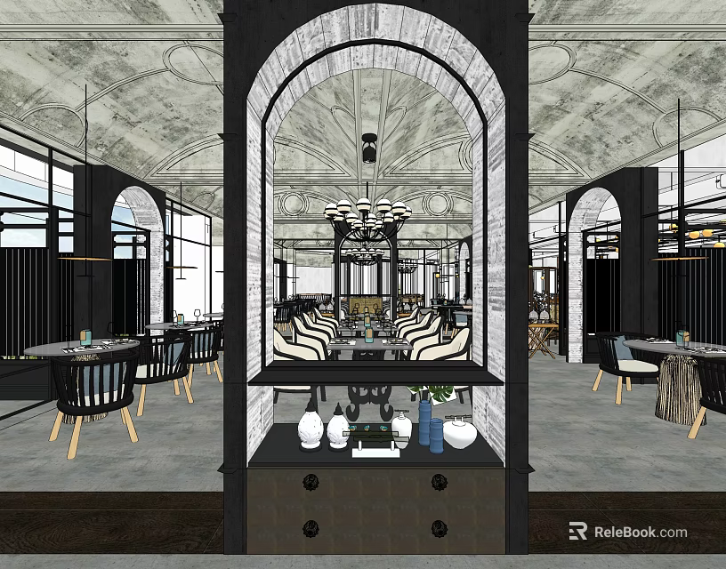 Modern Restaurant Interior Featuring Arched Design Chandelier Dining Tables And Display Cabinet 3d model 