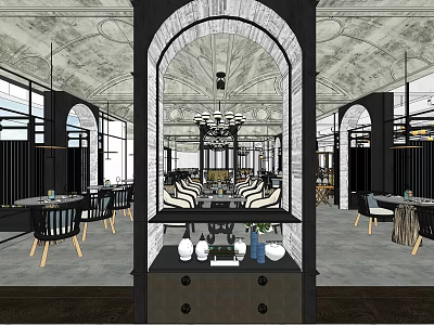 Modern Restaurant Interior Featuring Arched Design Chandelier Dining Tables And Display Cabinet 3d model