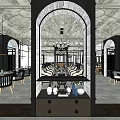 Modern Restaurant Interior Featuring Arched Design Chandelier Dining Tables And Display Cabinet