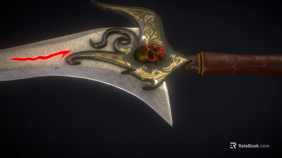 Ornate Fantasy Weapon With Golden Carved Designs Red Glowing Skull On Blade And Brown Handle 3d model 
