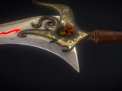Ornate Fantasy Weapon With Golden Carved Designs Red Glowing Skull On Blade And Brown Handle 3d model