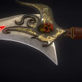 Ornate Fantasy Weapon With Golden Carved Designs Red Glowing Skull On Blade And Brown Handle