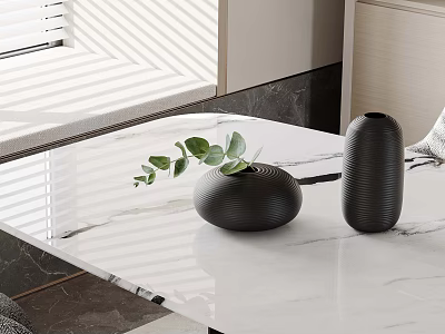 Elegant Dining Table Set With White Marble Top Black Vases Green Plant And Natural Light 3d model