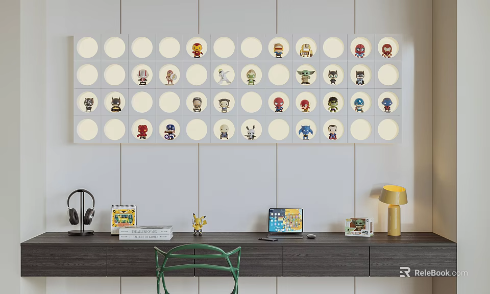 Wall Mounted Storage Rack Featuring Multiple Circular Compartments with Decorative Figurines in Home Office 3d model 
