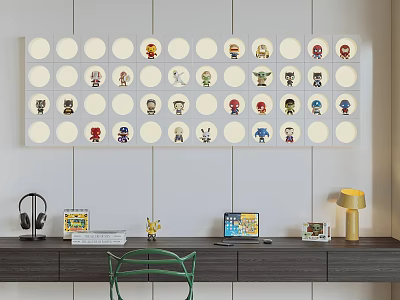 Wall Mounted Storage Rack Featuring Multiple Circular Compartments with Decorative Figurines in Home Office 3d model