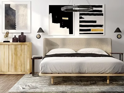 Modern Double Bed With Upholstered Headboard Wooden Frame Nightstands And Wall Art 3d model