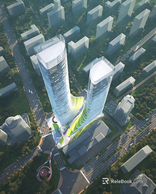 Aerial Planning Featuring Modern Twin Towers With Unique Curved Green Structure And Urban Roads 3d model 