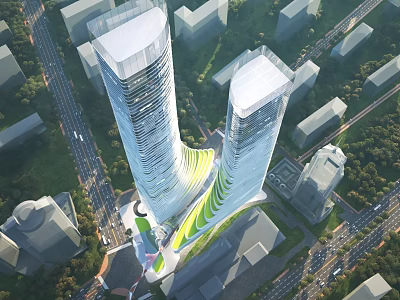 Aerial Planning Featuring Modern Twin Towers With Unique Curved Green Structure And Urban Roads 3d model