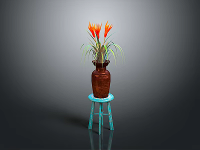 Decorative Brown Vase With Orange Red Flowers On Blue Small Stool 3d model