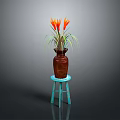 Decorative Brown Vase With Orange Red Flowers On Blue Small Stool