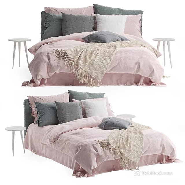 Comfortable Double Bed With Pink Bedding Gray White Pillows And Cozy Throw Blanket 3d model 